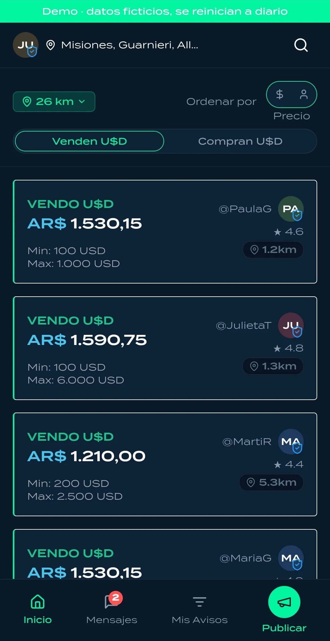 Feed de ofertas cercanas con la CurrencyPill en vivo