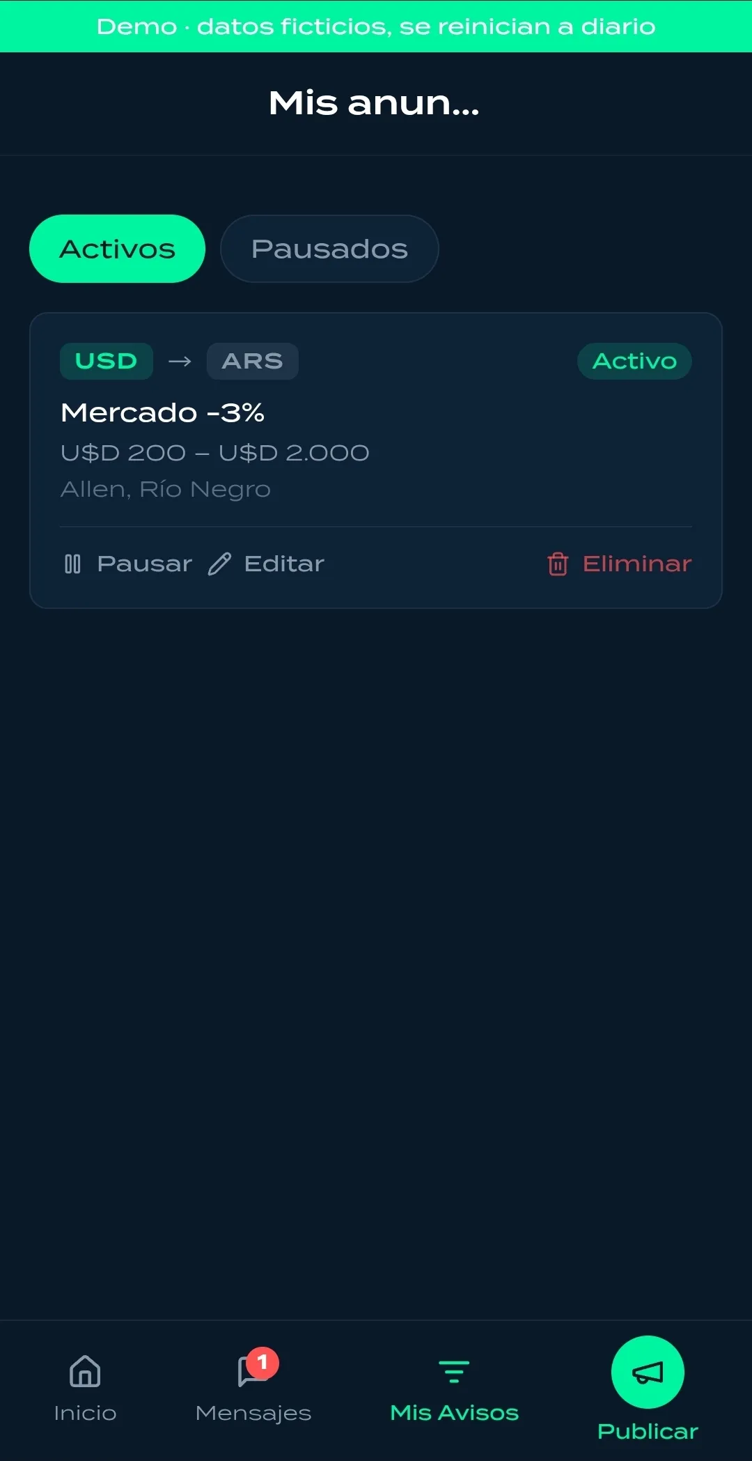 Mis anuncios con precio atado al mercado