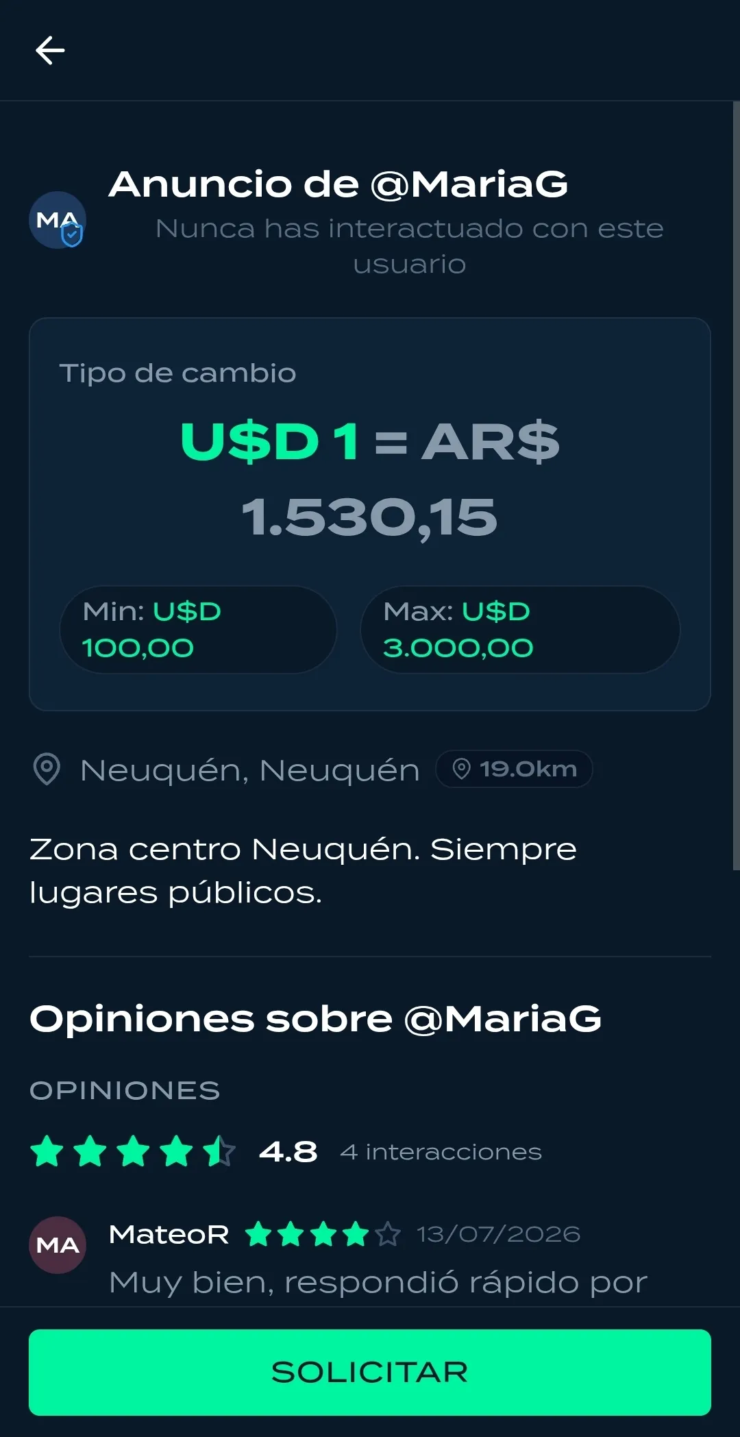 Detalle de oferta con cotización y botón Solicitar