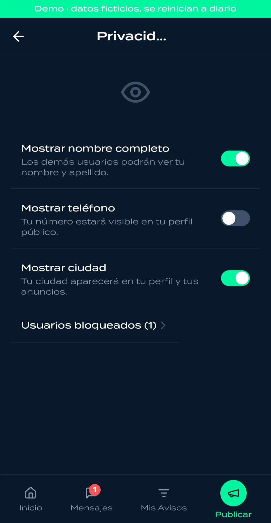 Pantalla de privacidad y visibilidad