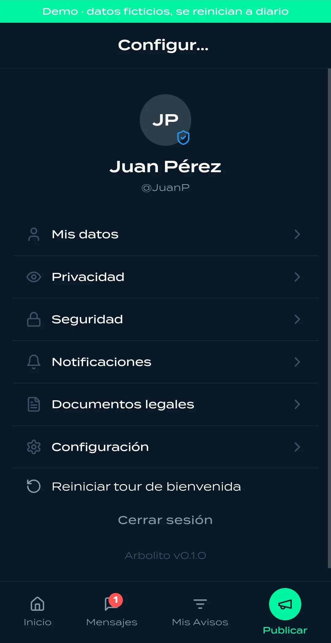 Pantalla de configuración de la cuenta