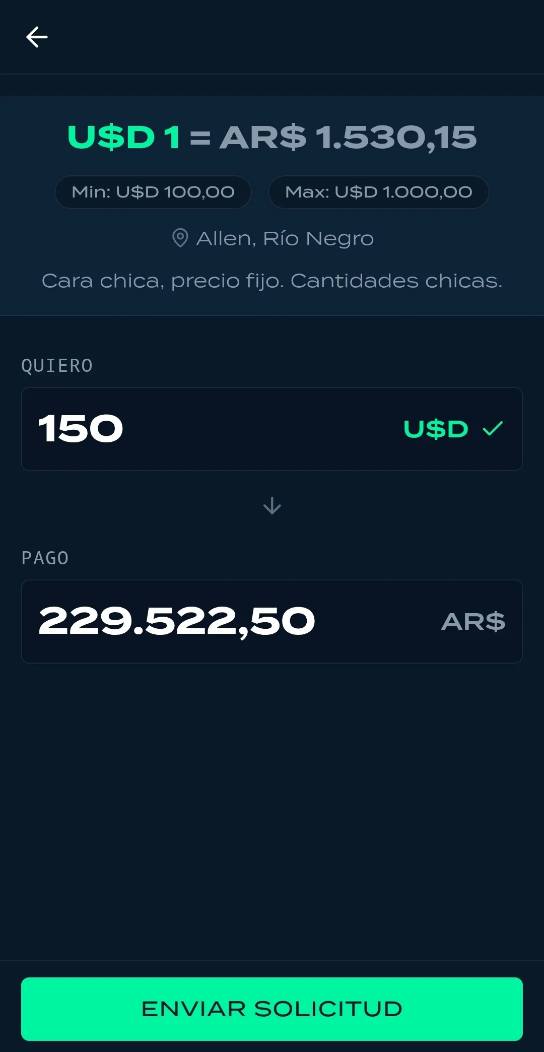 Pantalla de envío de solicitud