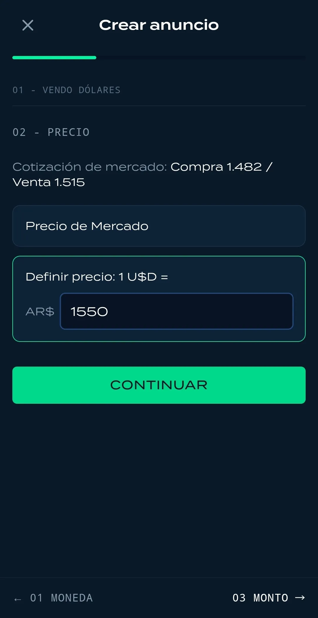 Wizard de creación de anuncio, paso precio de venta