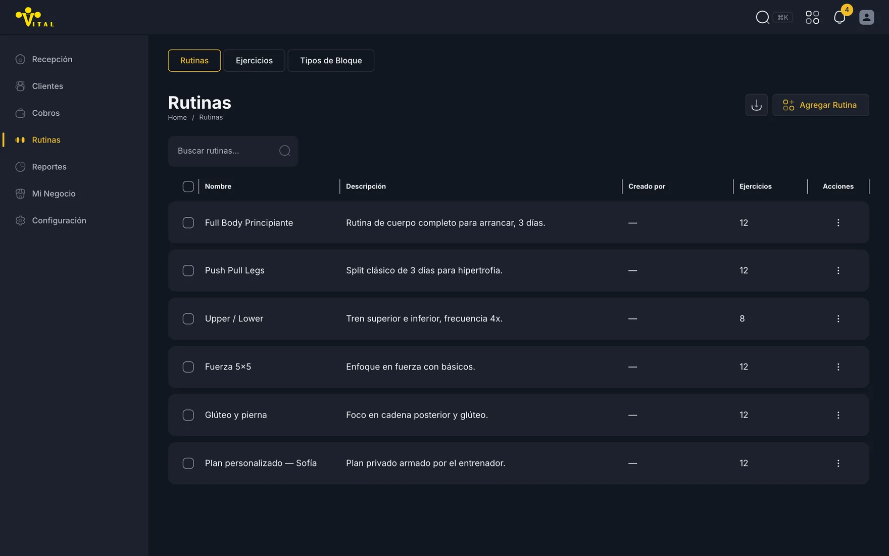 Catálogo de rutinas en el panel: Full Body Principiante, Push Pull Legs, Upper/Lower y planes personalizados con su cantidad de ejercicios