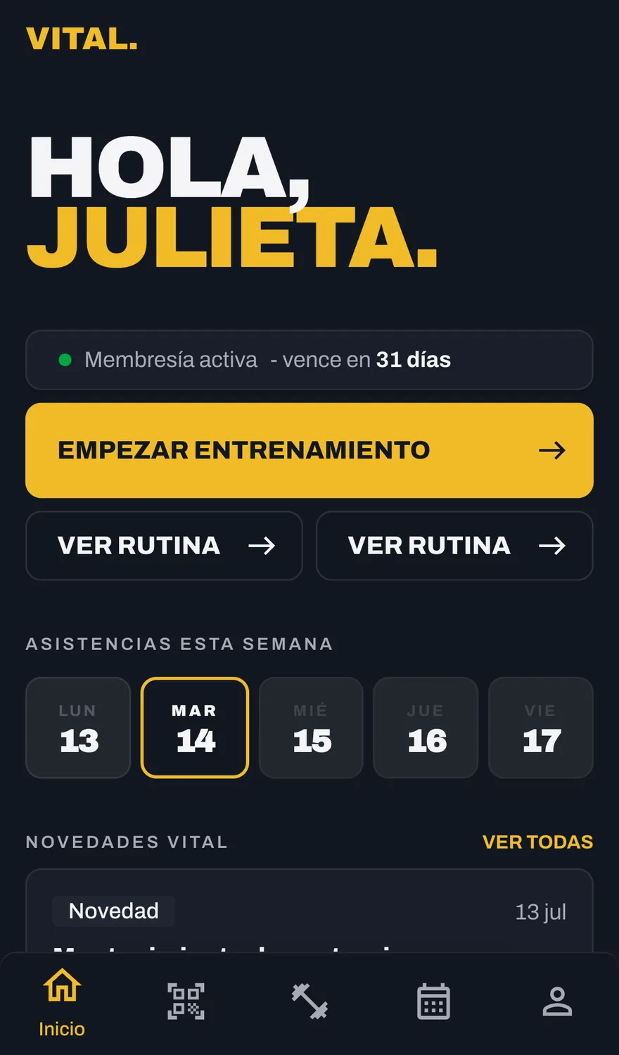 Inicio de la app del socio: saludo, estado de membresía y botón para empezar el entrenamiento