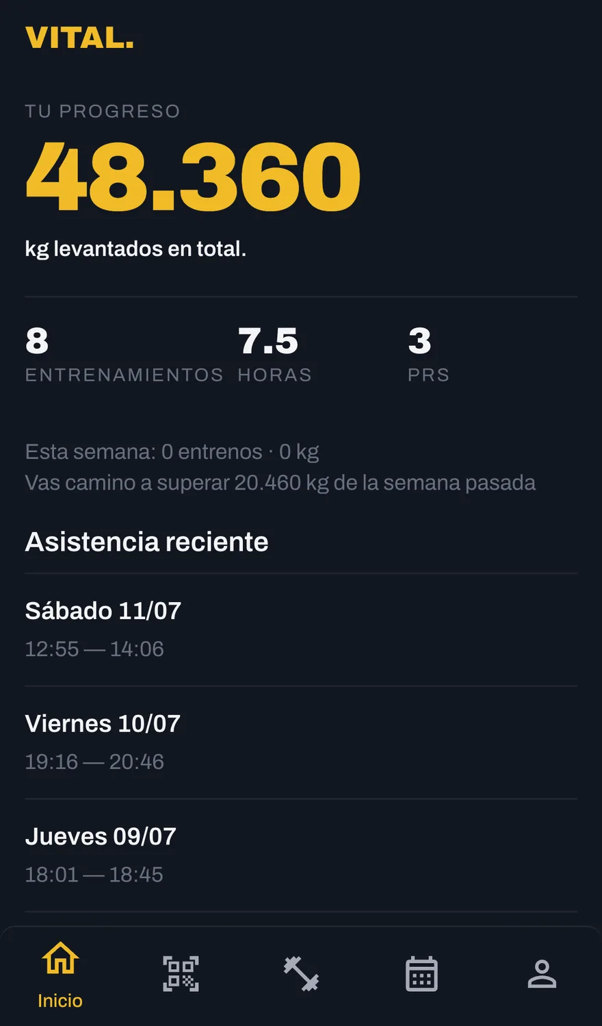 Pantalla de progreso: kilos levantados en total, entrenamientos, horas, récords personales y asistencia reciente