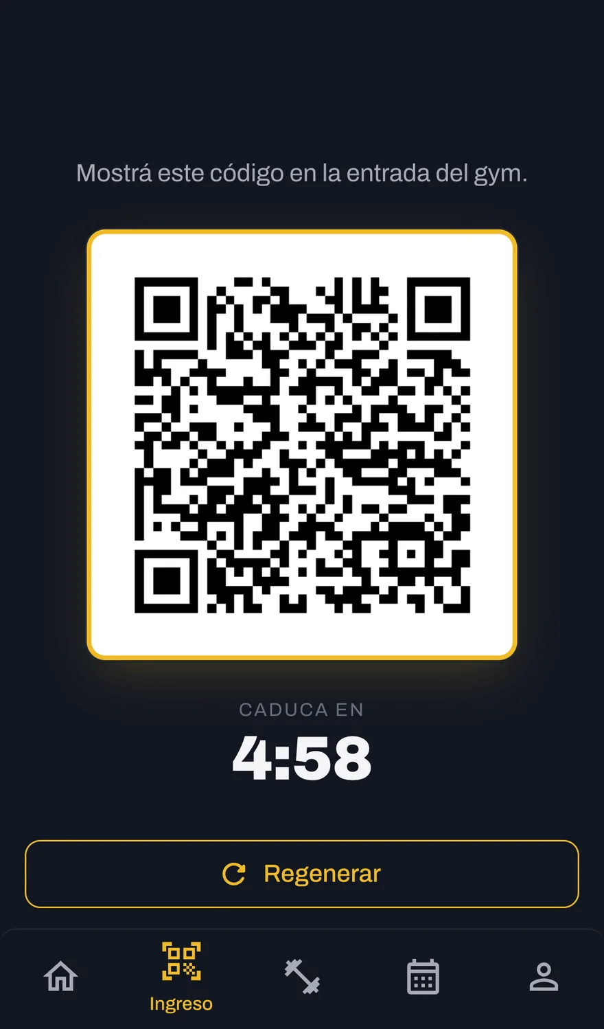 Pantalla de ingreso por QR con temporizador de caducidad a los 5 minutos