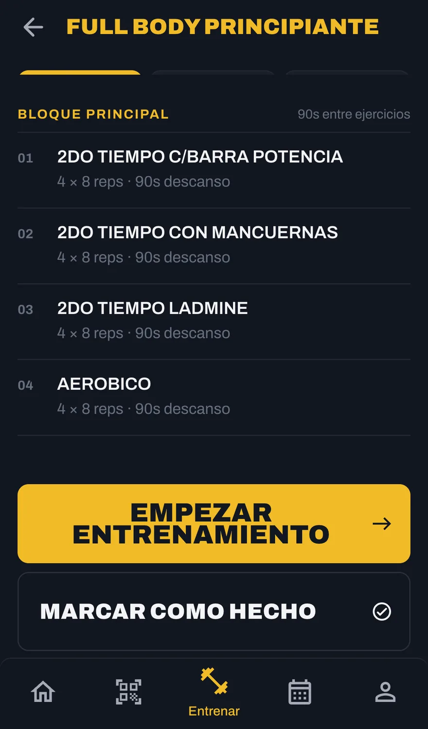 Detalle de rutina en la app: bloque principal con ejercicios, series, repeticiones y descanso